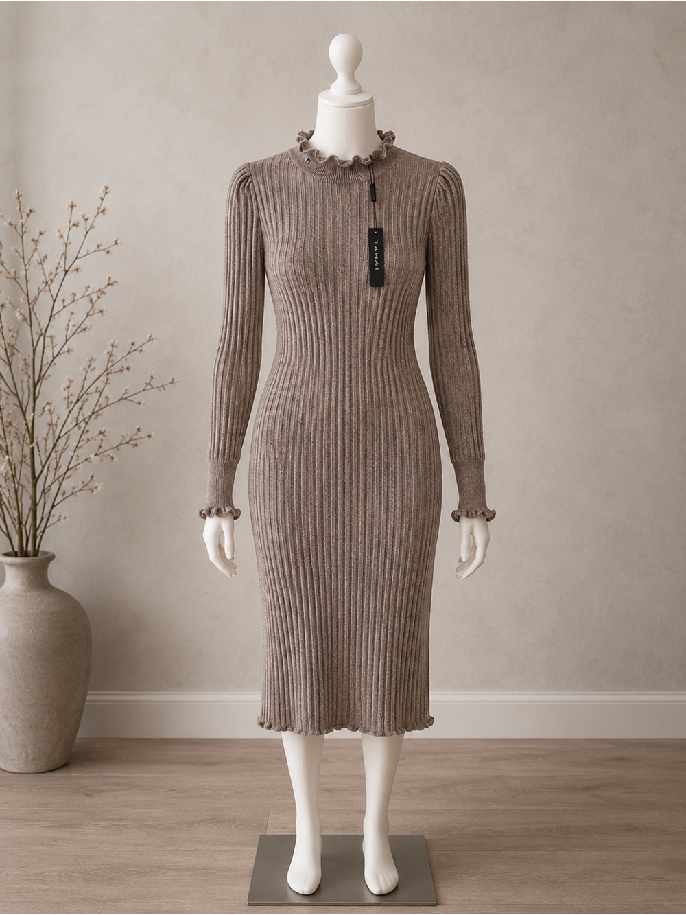 Elie Tahari Taupe Ribbed Long-Sleeve Ruffle-Neck Dress